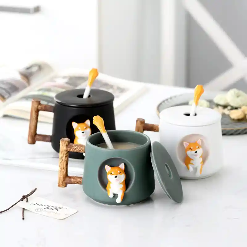 Tasse à café en céramique avec couvercle, chat mignon Shiba Inu